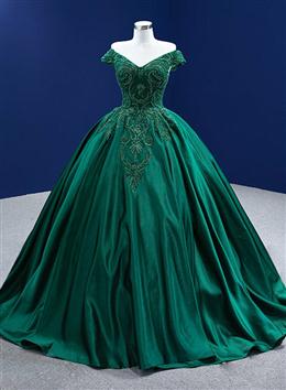 Picture of Green Satin Beaded Off Shoulder Long Formal Gown, Green Sweet 16 Dress